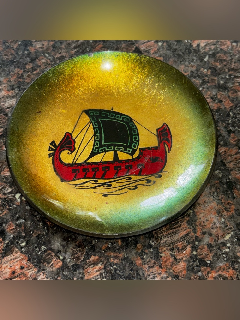 Vintage Viking Longship Enamel Brass Trinket Dish Back Counter Enamel Coat 5.5in